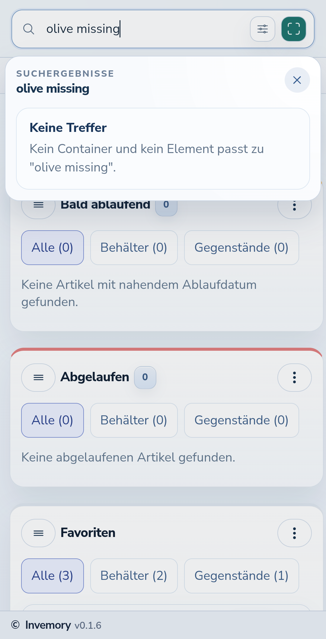 Eine Suche ohne passende Gegenstände oder Container.