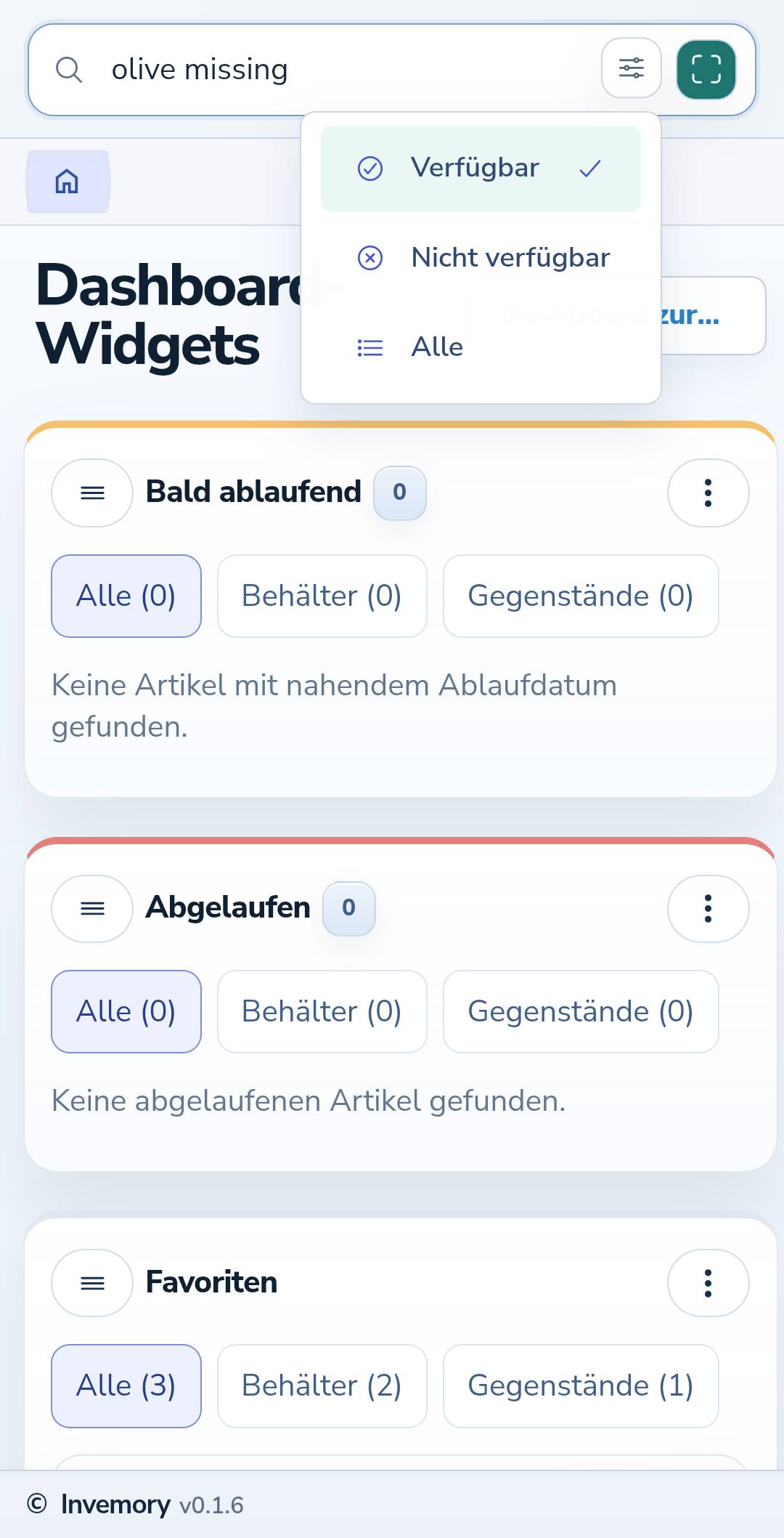 Drei Verfügbarkeitsfilter mit markierter aktueller Auswahl.