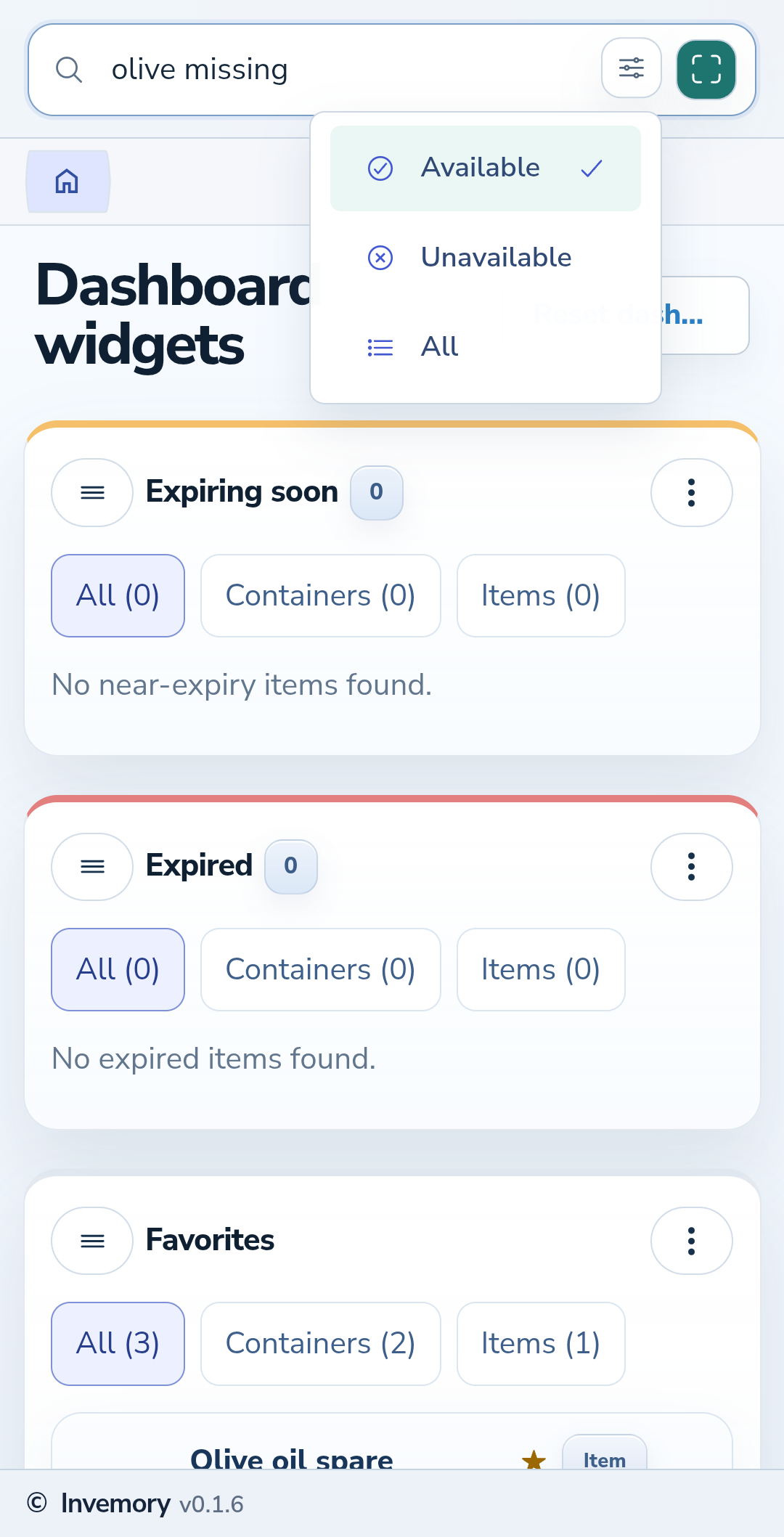 Three availability filters with the current choice marked.