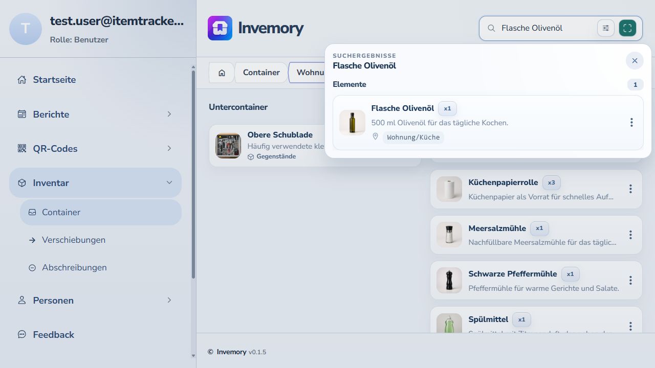 Suche nach Flasche Olivenöl in Invemory mit dem Pfad Wohnung Küche
