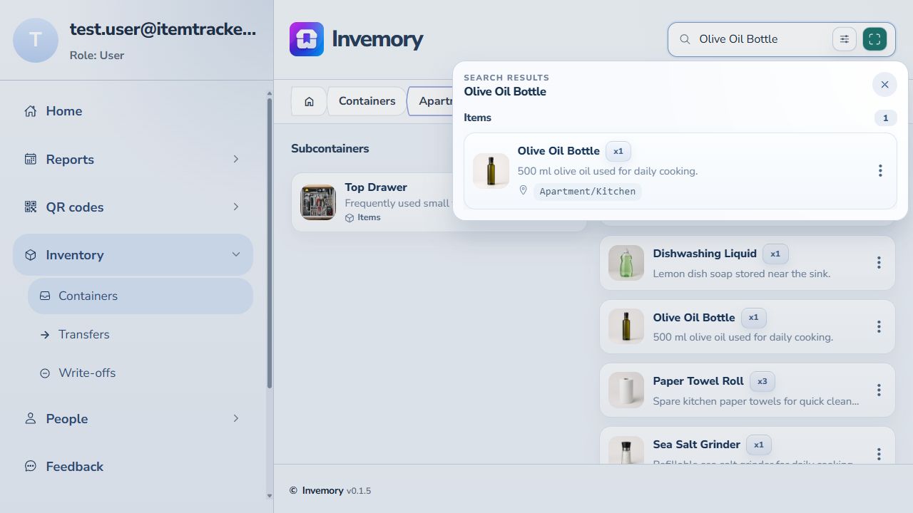 Invemory search for Olive Oil Bottle showing the item and the Apartment Kitchen path