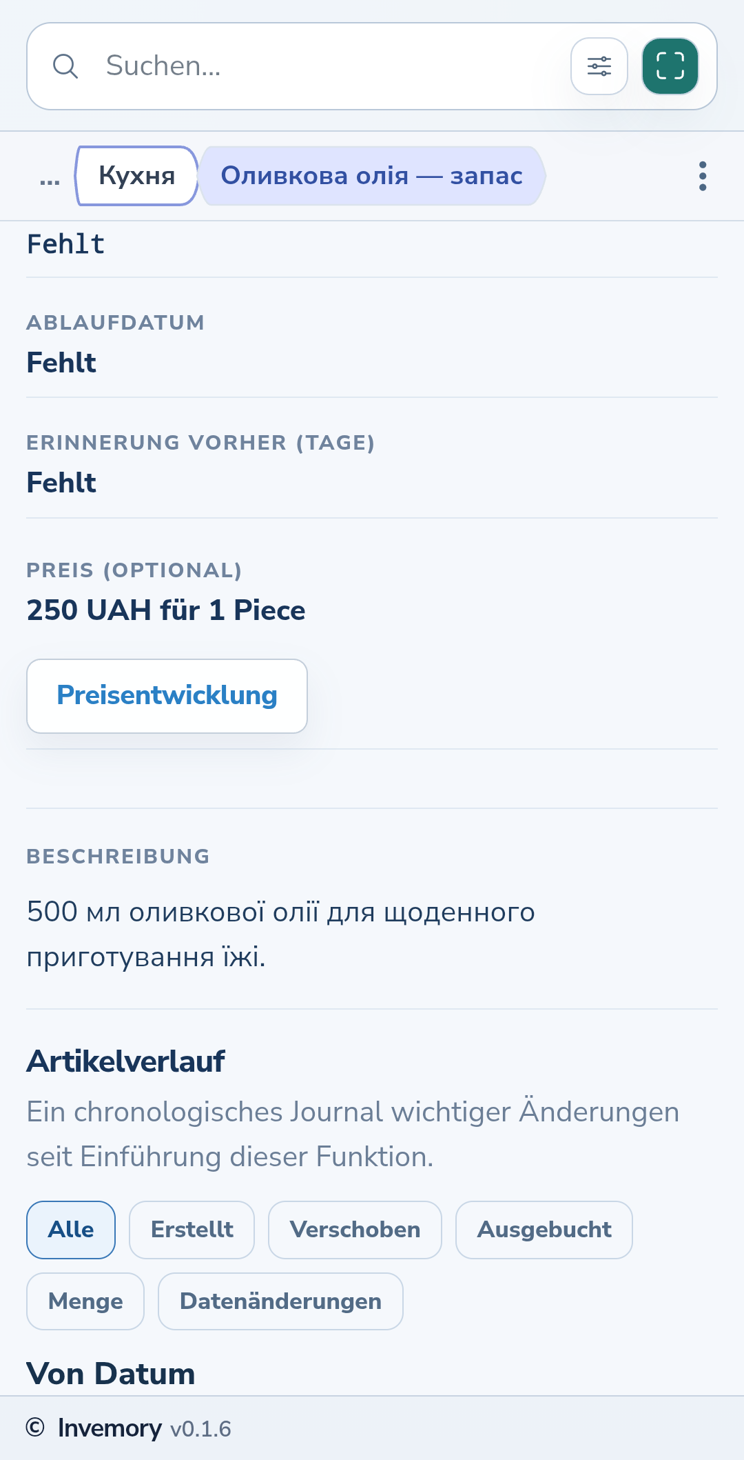 Der gespeicherte Einzelpreis in den Artikeldetails.