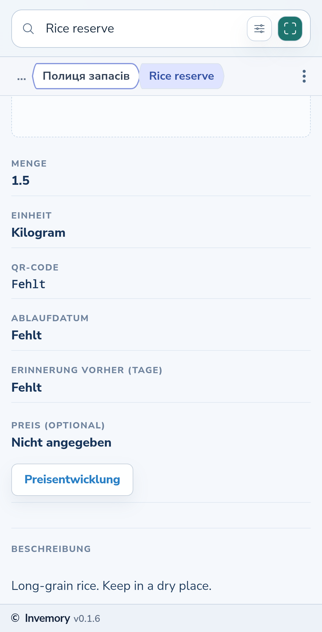 Eine gespeicherte Gegenstandskarte mit Menge, Einheit und Beschreibung.
