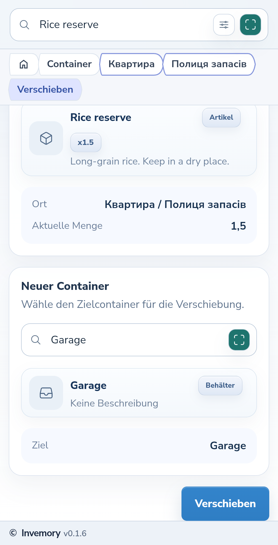 Der ausgewählte Zielcontainer vor der Bestätigung.