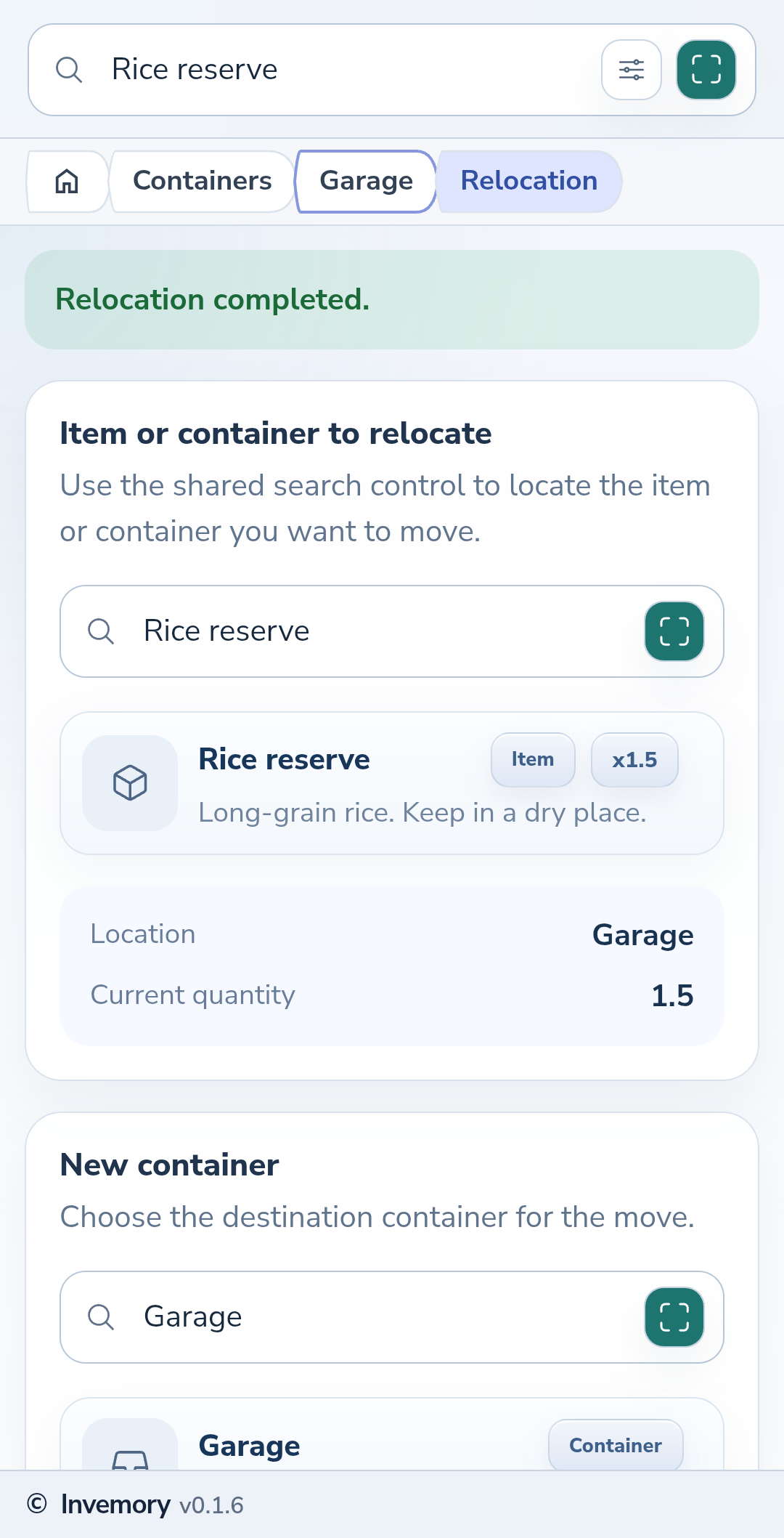 The completed item move with its new storage location.
