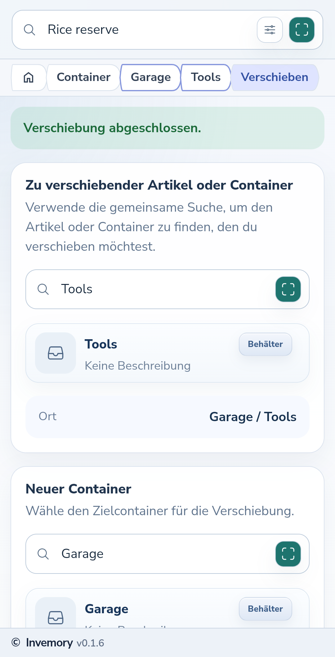 Erfolgsmeldung und aktualisierter Pfad des verschobenen Containers.