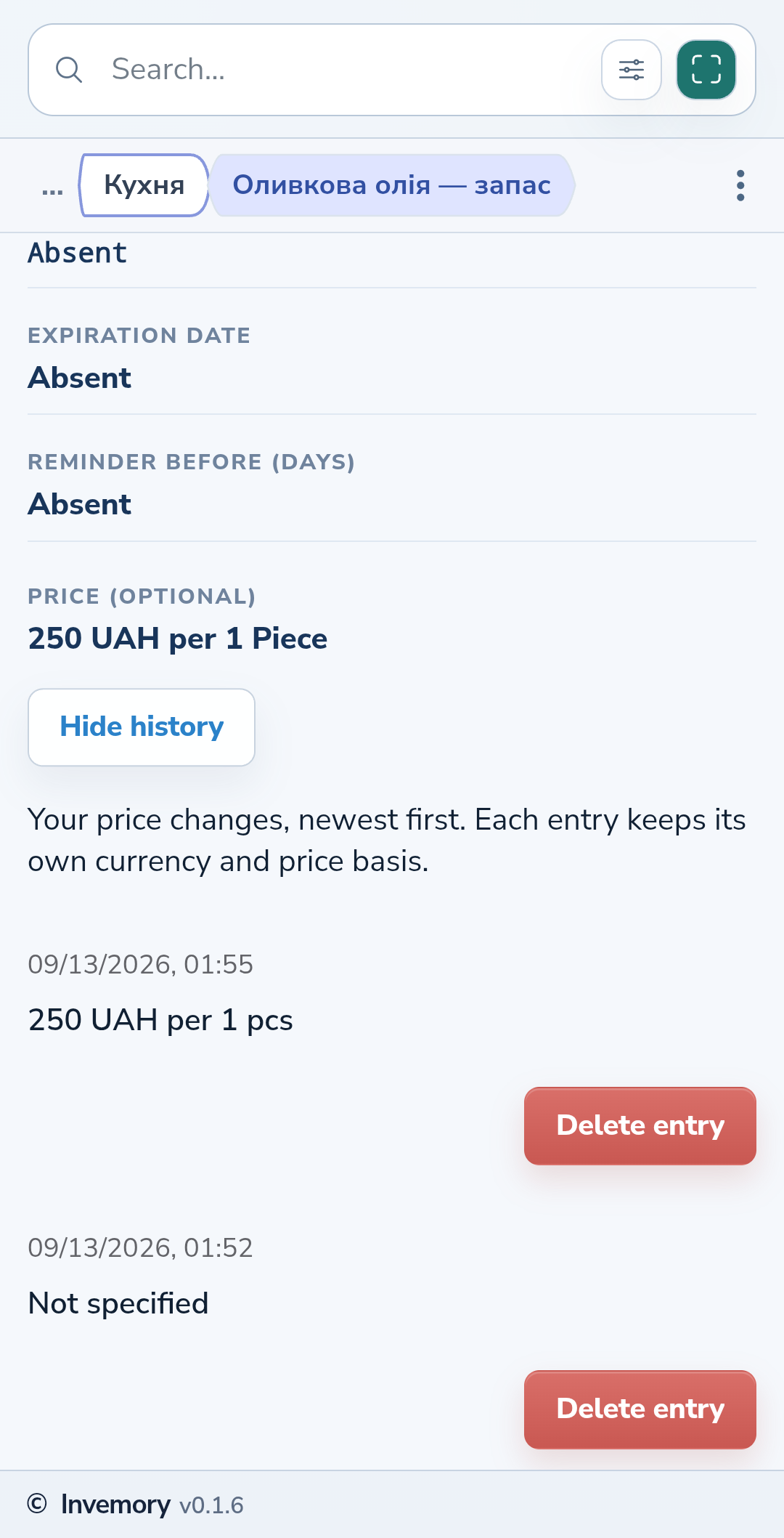 Price history with dates, currencies and price bases.