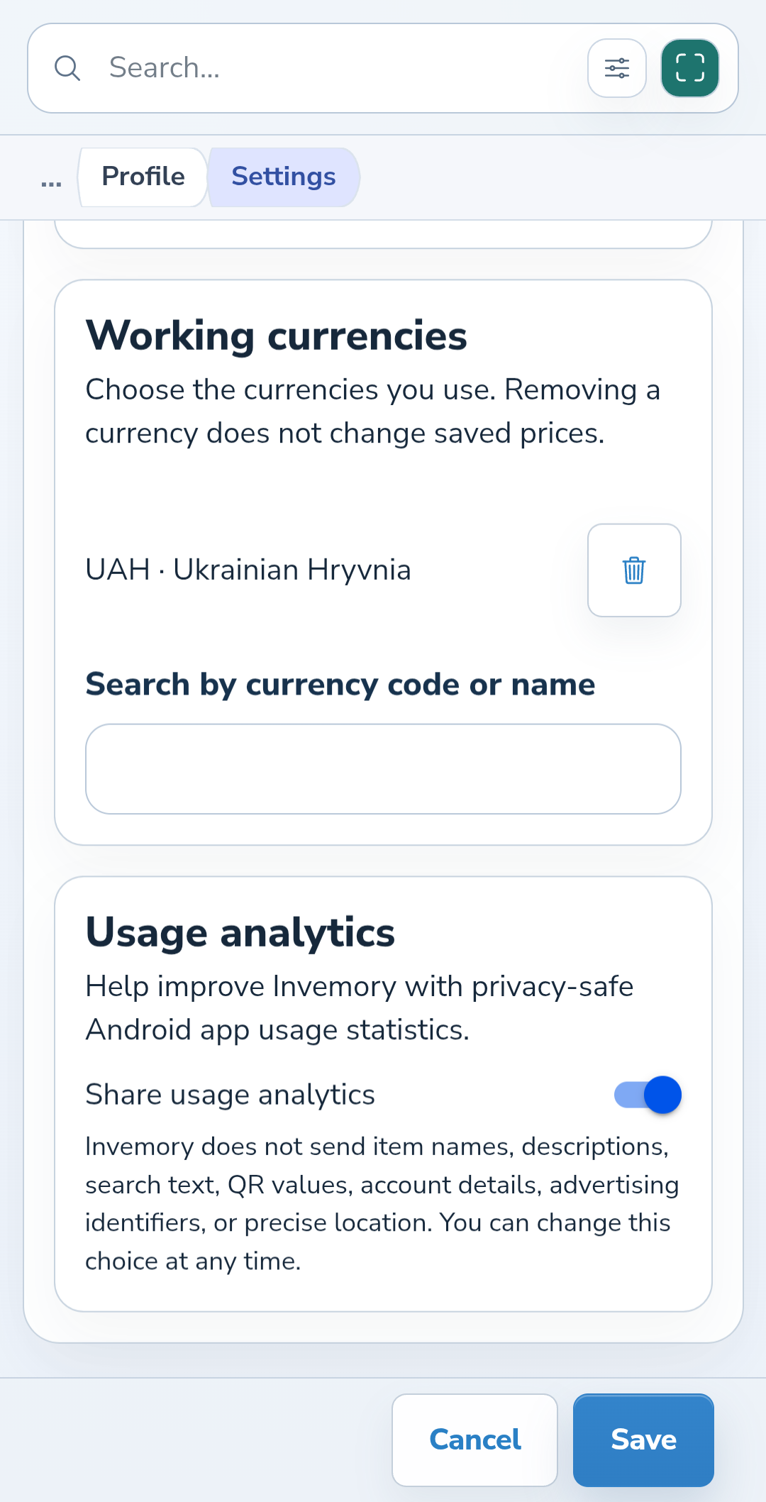 Usage analytics switch in the installed Android application.