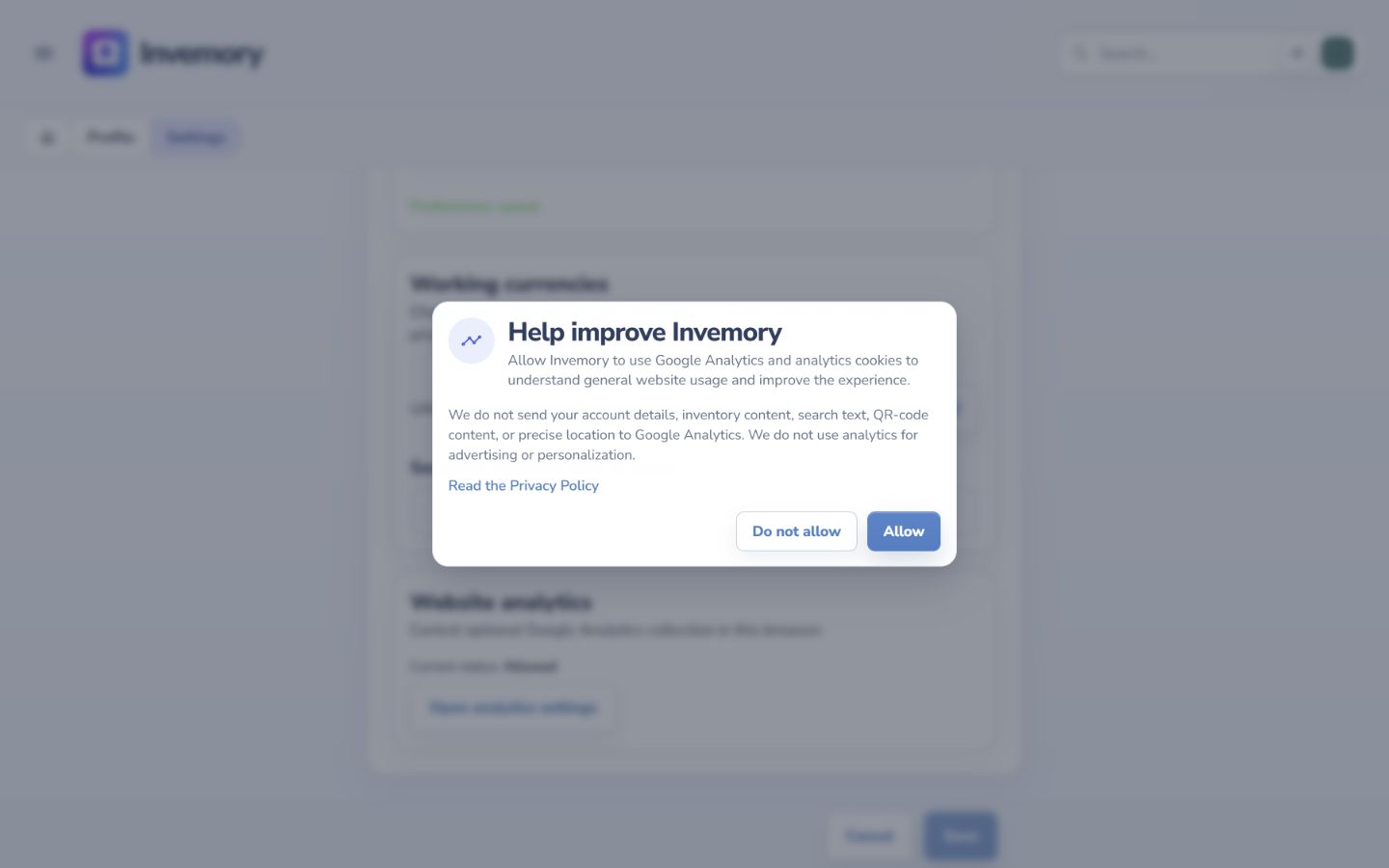 Website analytics dialog with Allow and Do not allow buttons.