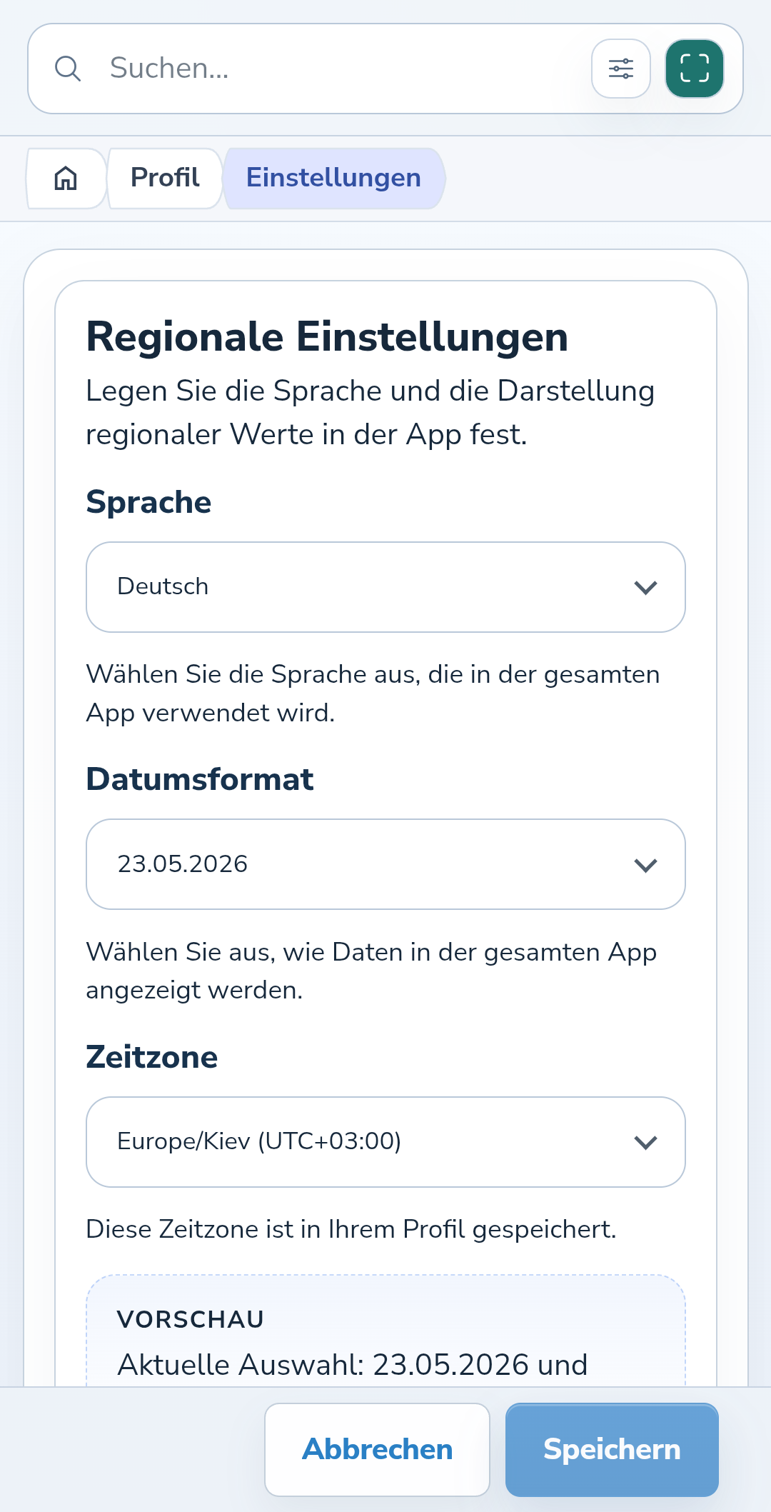 Sprache, Datumsformat und Zeitzone in den Profileinstellungen.