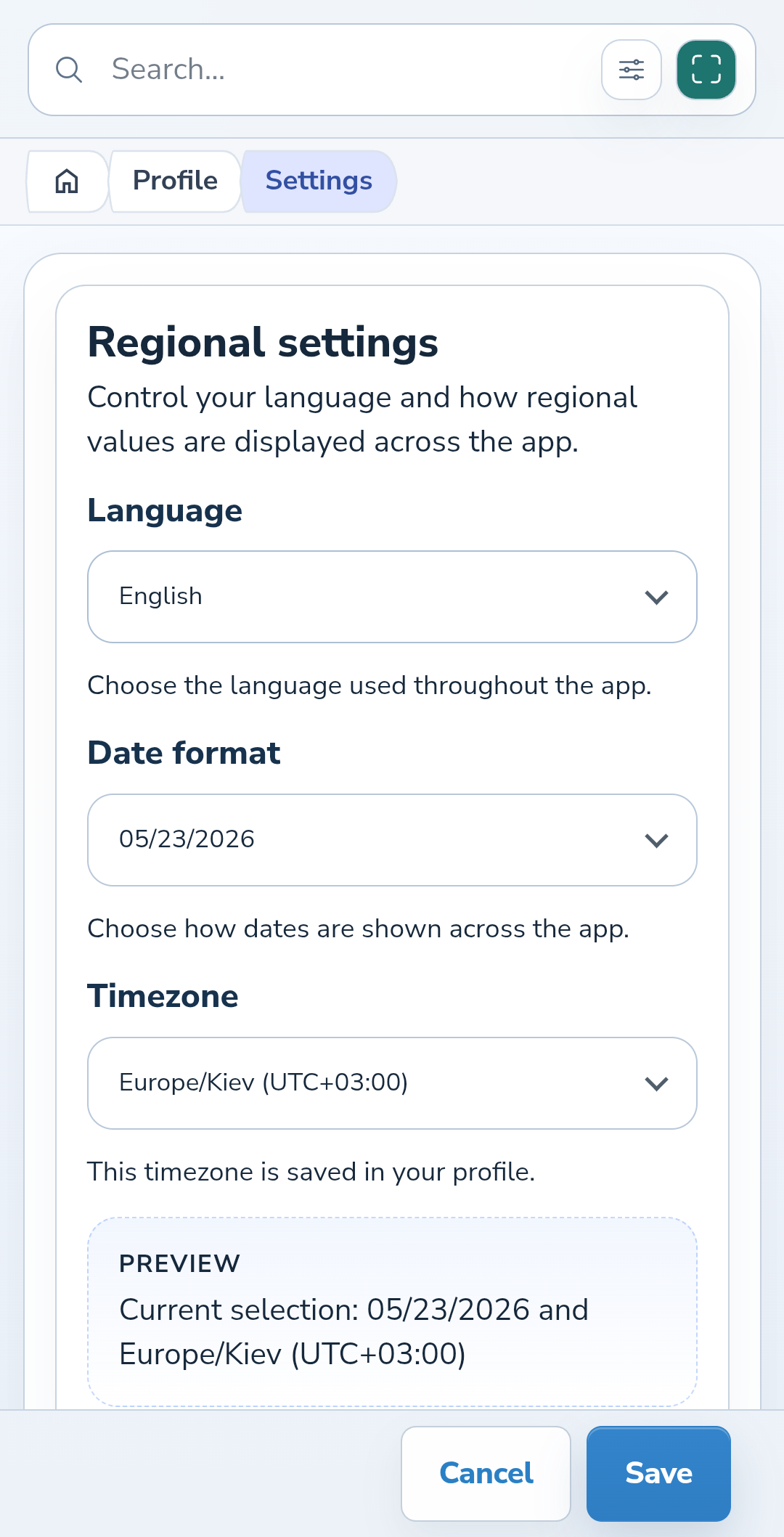 Language, date format, and timezone in profile settings.