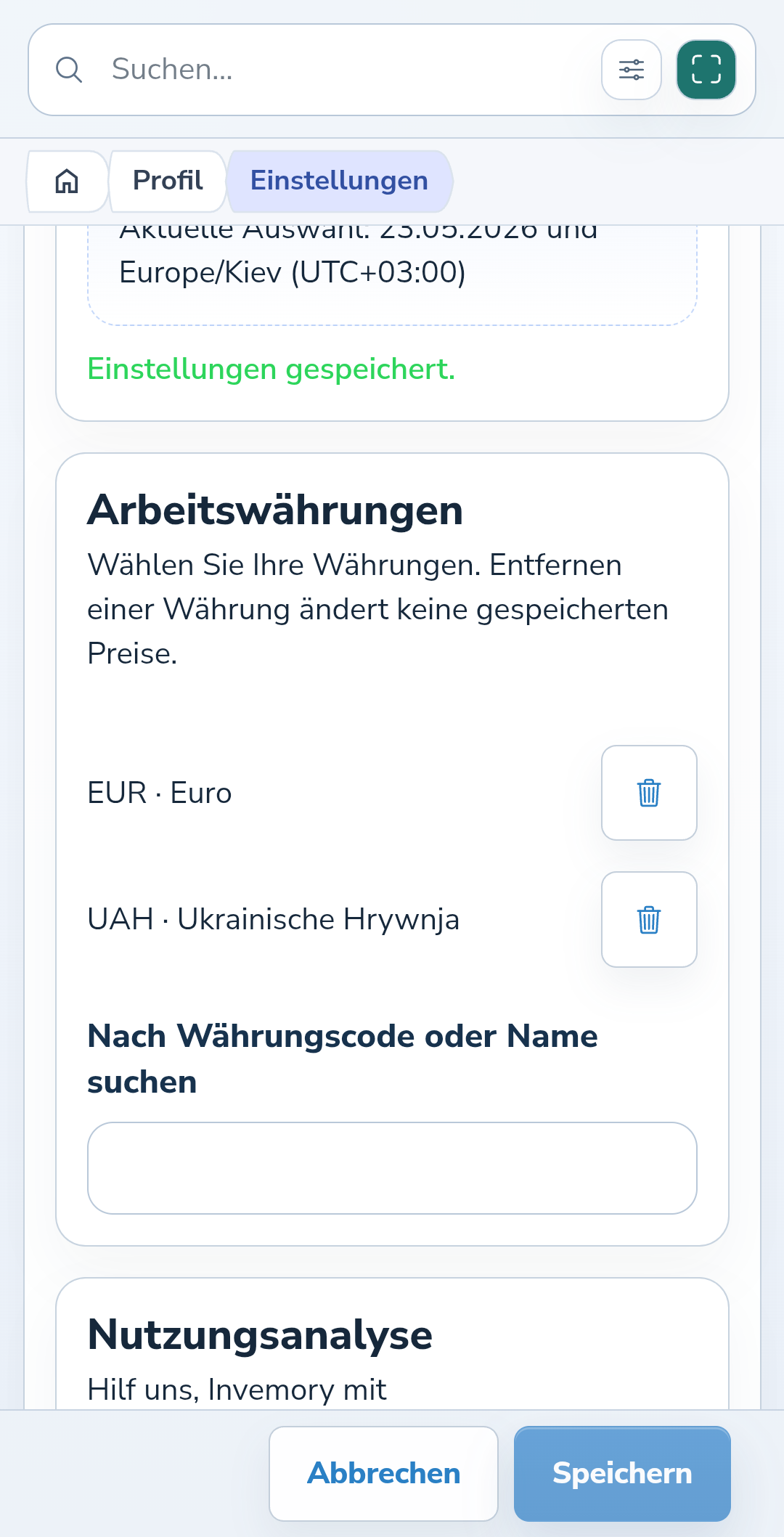 Arbeitswährungen mit Schaltflächen zum Entfernen und einem Suchfeld.