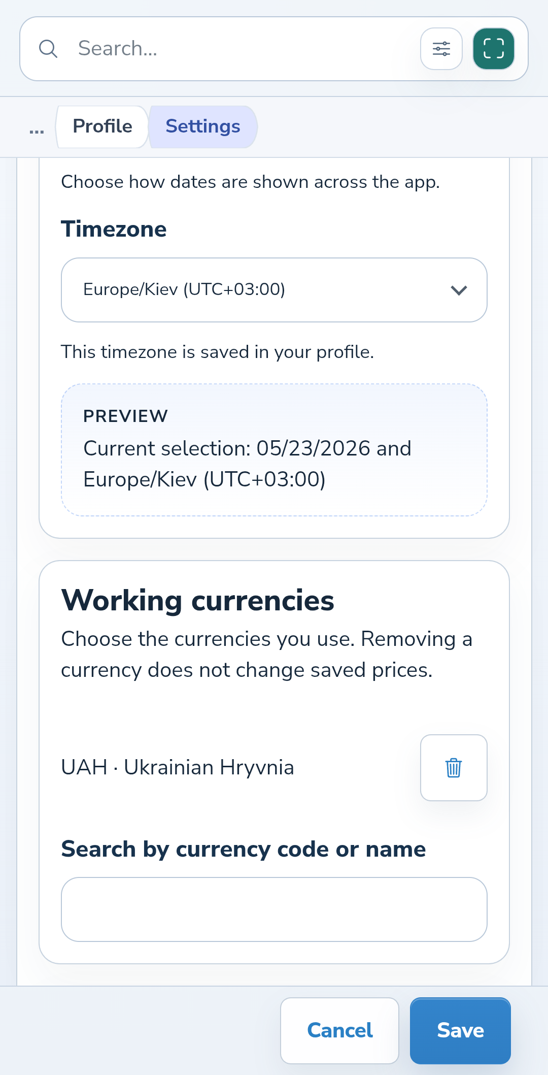 Working currencies with remove buttons and a currency search field.