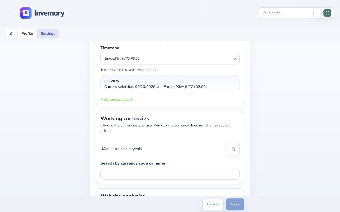 Working currencies with remove buttons and a currency search field.