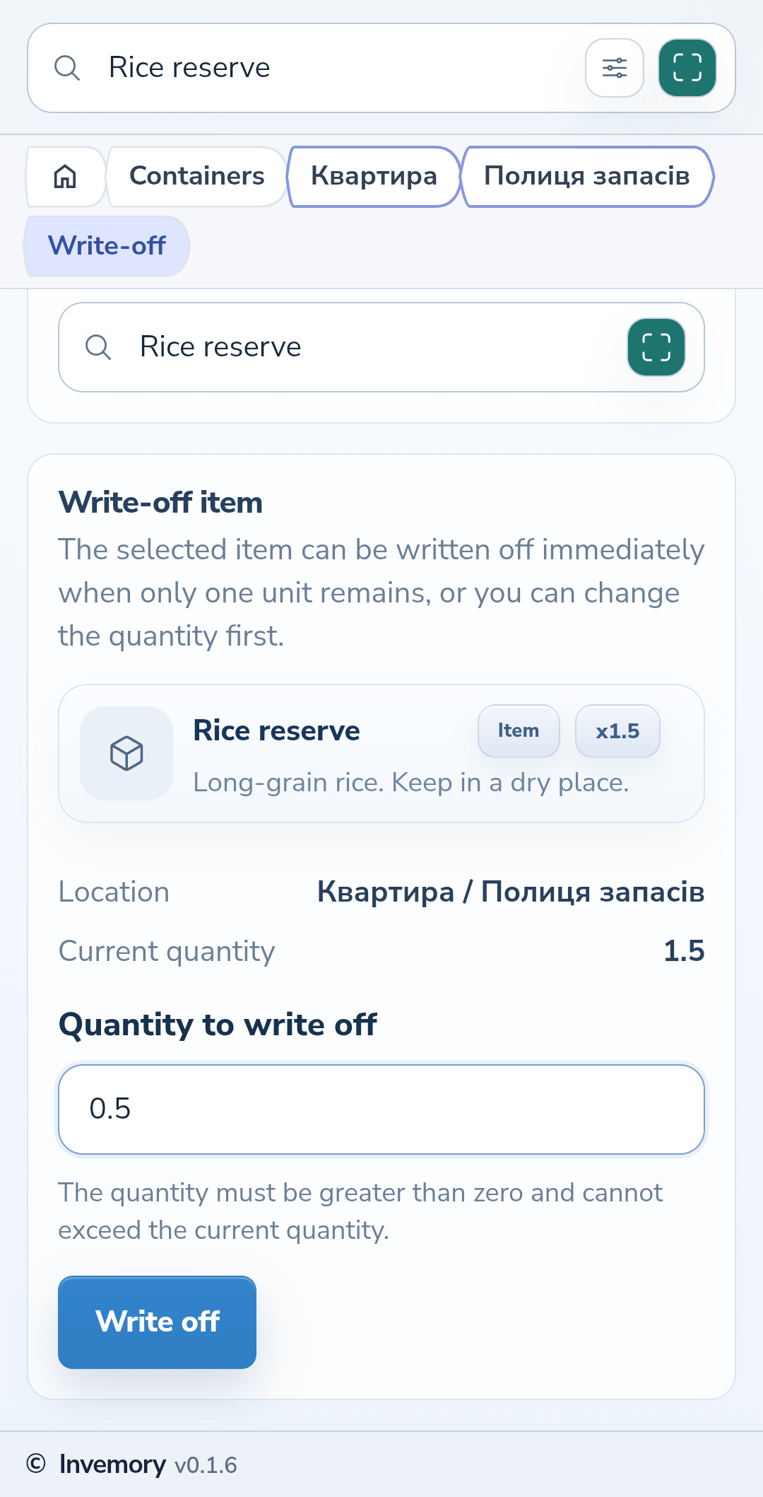 The selected item and quantity to write off.