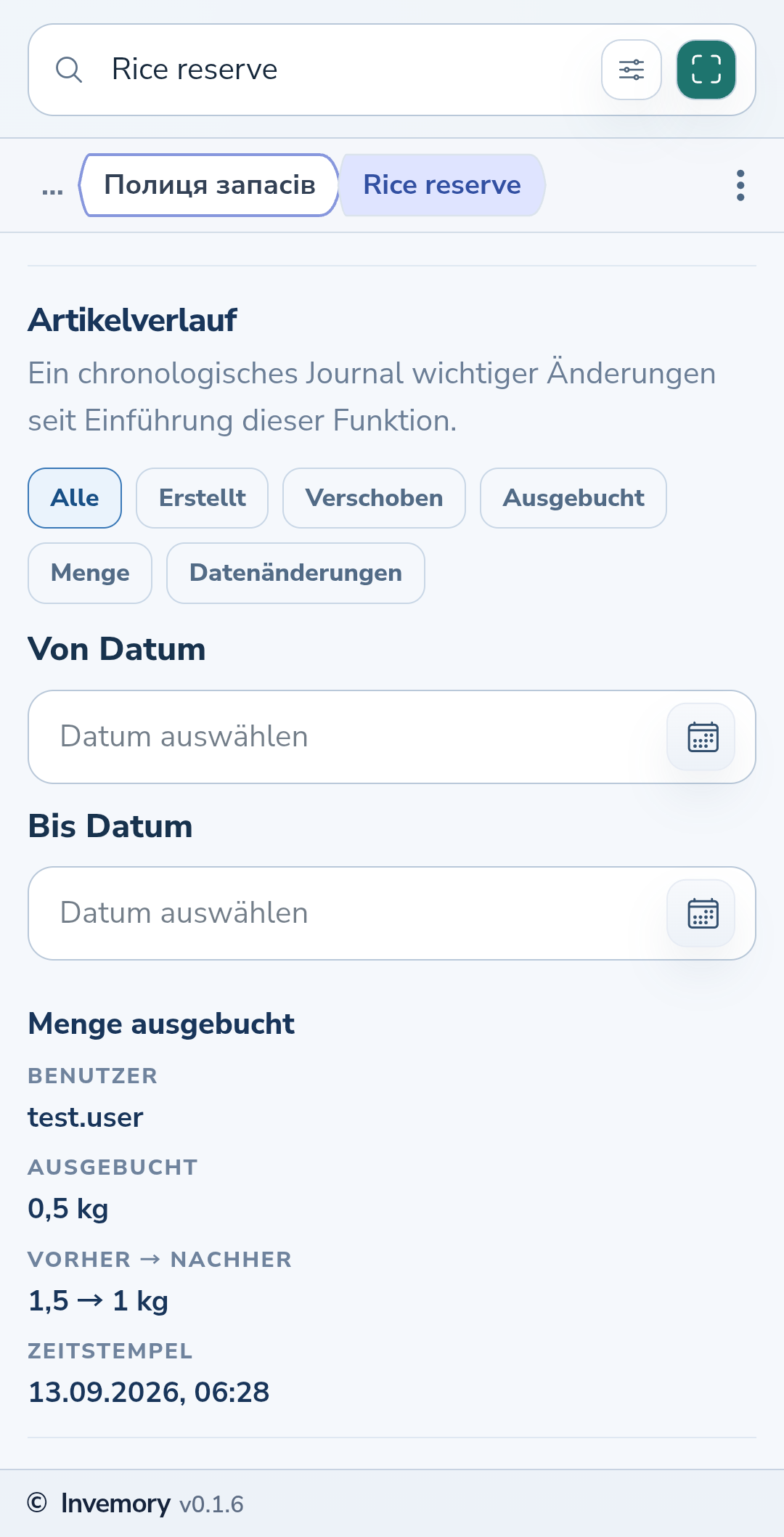Der Verlauf zeigt die ausgebuchte Menge und den Bestand vor und nach dem Vorgang.