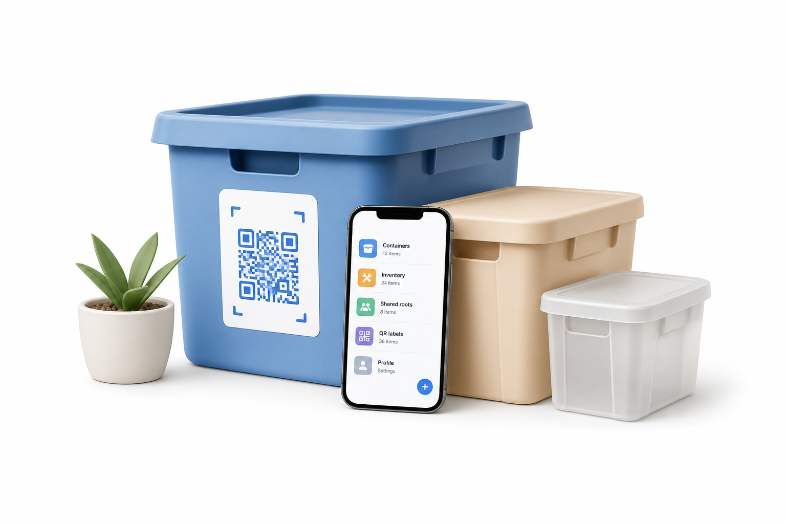 Invemory illustration with storage bins, QR code, and a phone